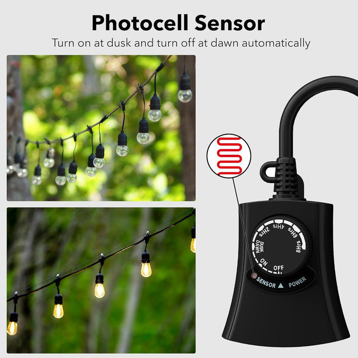Outdoor Photocell Light Timer Waterproof Dusk to Dawn Sensor 2 Timer Outlet 2/4/6/8 Countdown HBN - BN-LINK