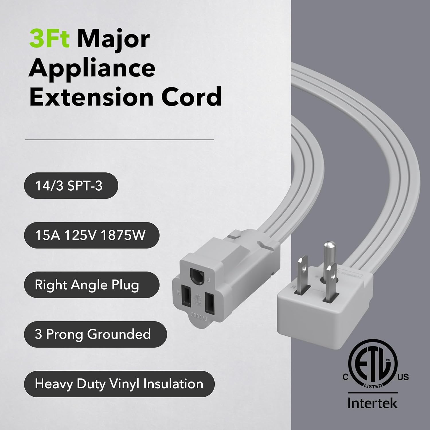 3 Ft Appliance Extension Cord 14/3 SPT-3, Gray, Heavy Duty Major