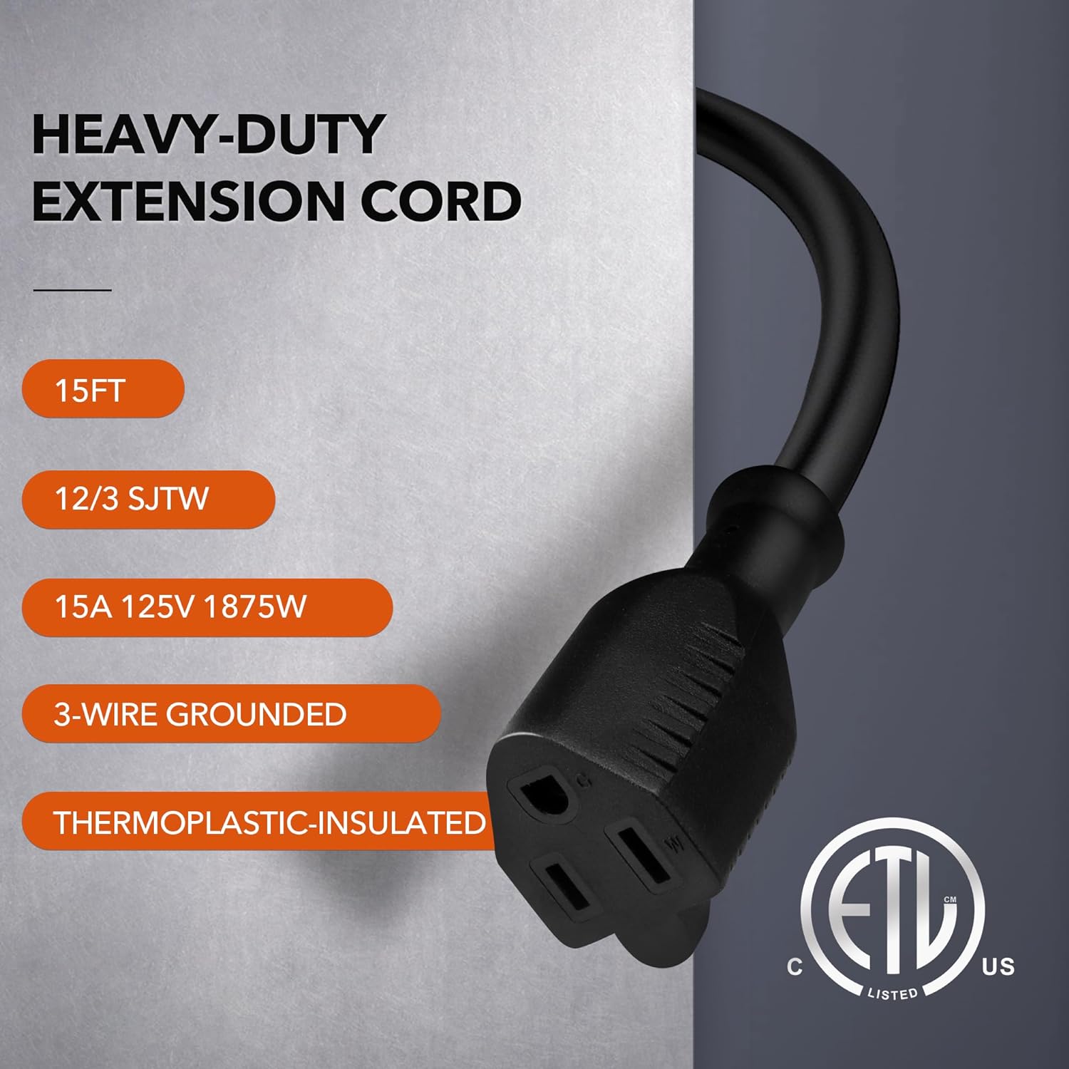 15ft Waterproof Outdoor Extension Cord 12/3 SJTW Heavy Duty Power Blac