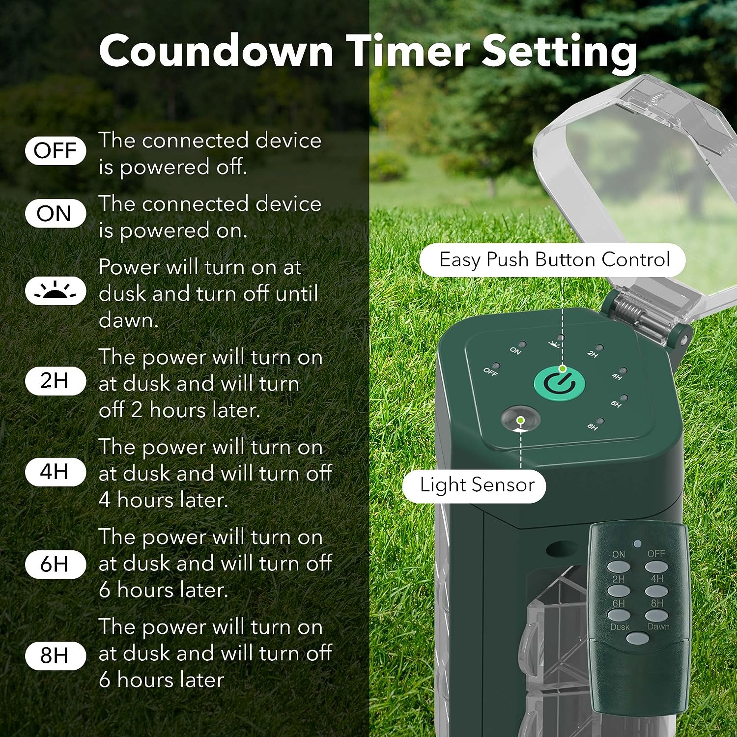 BN-Link BN-LINK Outdoor Power Strip Yard Stake Timer(w Remote Control) with  Photocell Dusk Till Dawn, or On at Dusk & 2, 4, 6, 8 Hour Co