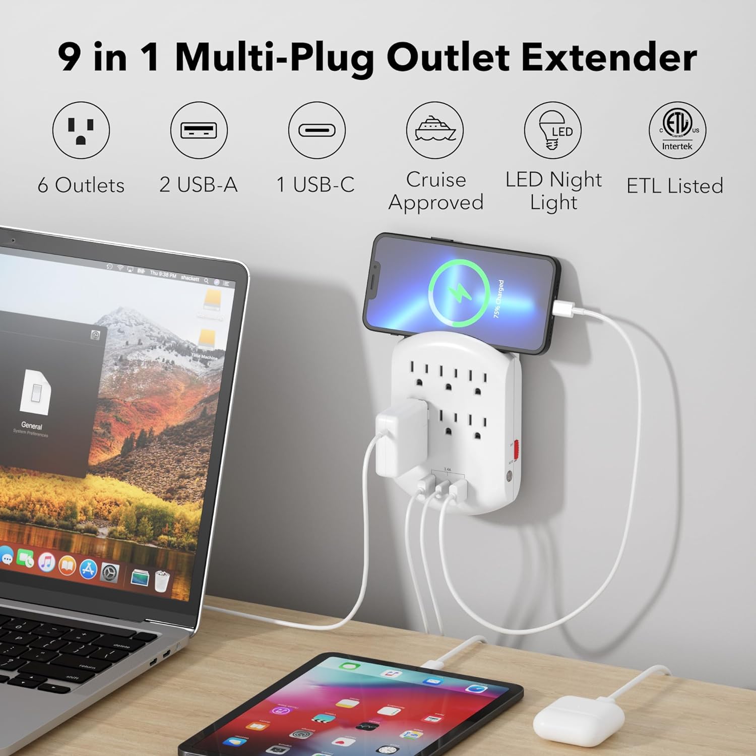 USB Multi Plug Outlet Wall Charger With Auto Sensor LED Night Light, 6 Outlets 3 USB Charging Ports Bn-link - BN-LINK