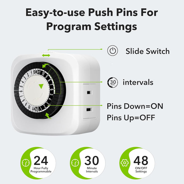 BN-LINK Mini Indoor 24-Hour Mechanical Outlet Timer 2 Prong 2-Pack