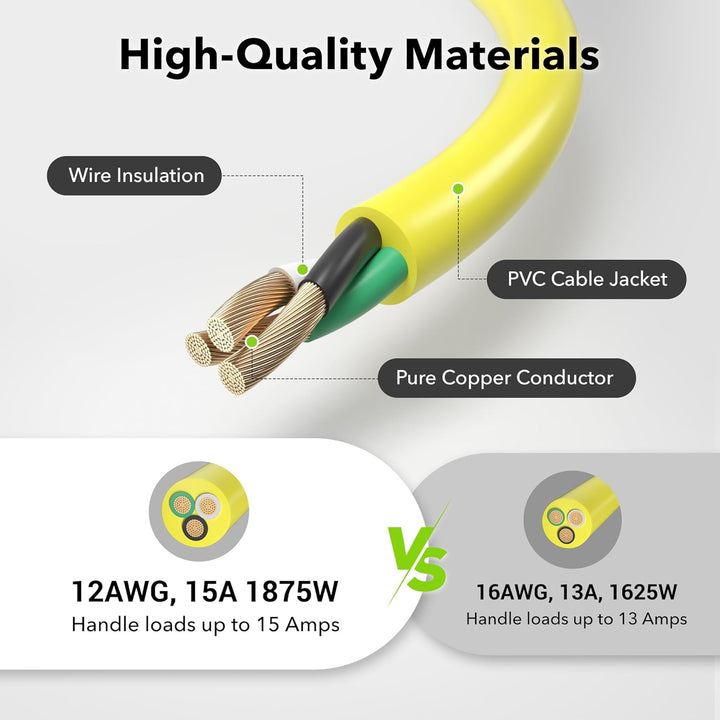 10ft Waterproof Outdoor Extension Cord 12/3 SJTW Heavy Duty Power Yellow Cord Bn-link - BN-LINK
