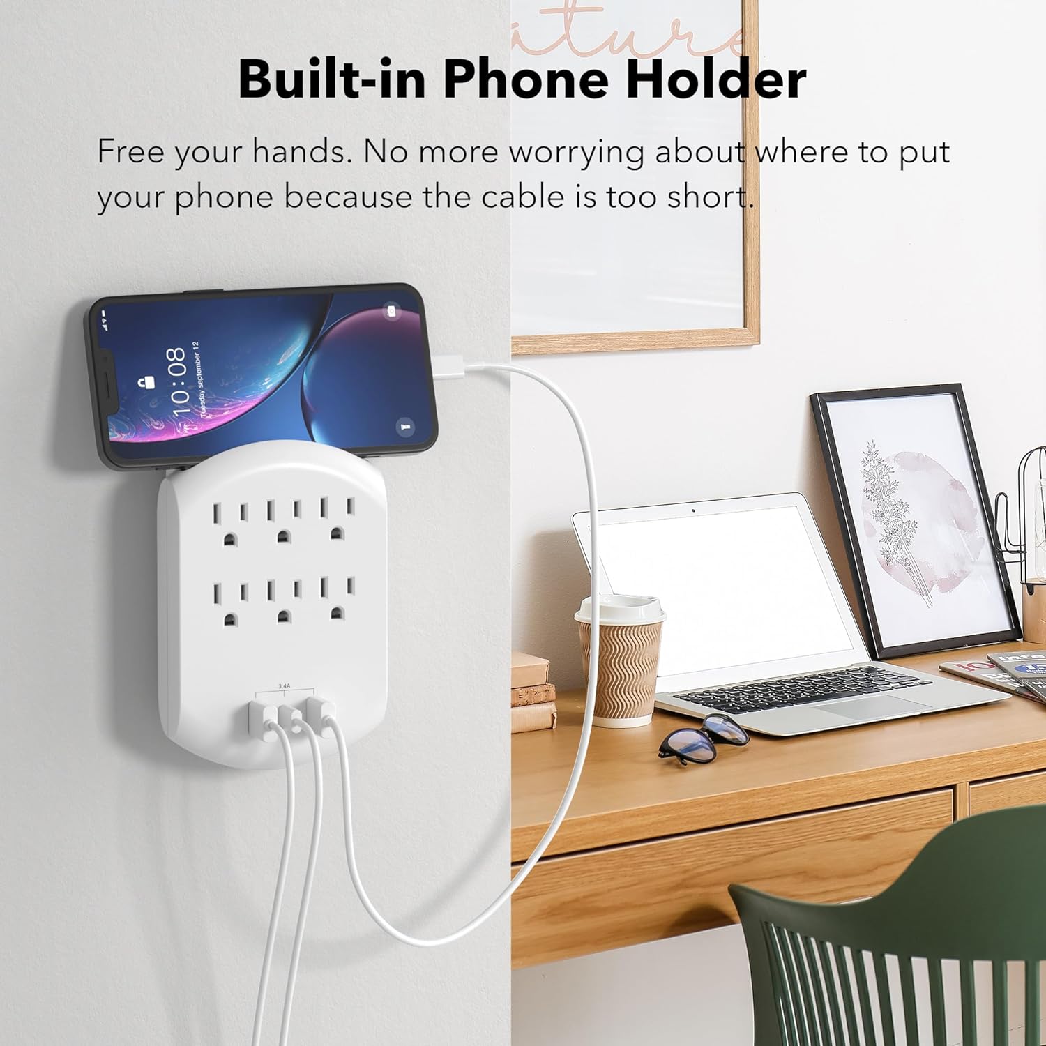 USB Multi Plug Outlet Wall Charger With Auto Sensor LED Night Light, 6 Outlets 3 USB Charging Ports Bn-link - BN-LINK