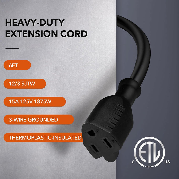 6ft Waterproof Outdoor Extension Cord 12/3 SJTW Heavy Duty Power Black Cord Bn-link - BN-LINK