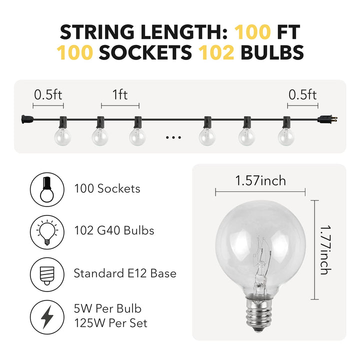 100ft Outdoor Incandescent String Lights, 102 G40 Bulbs (2 Spare) 5W 2200K BN-LINK - BN-LINK