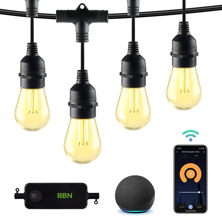 48ft Smart Wifi Outdoor String Lights-15 LED Bulbs Dimmable & Shatterproof BN-LINK - BN-LINK