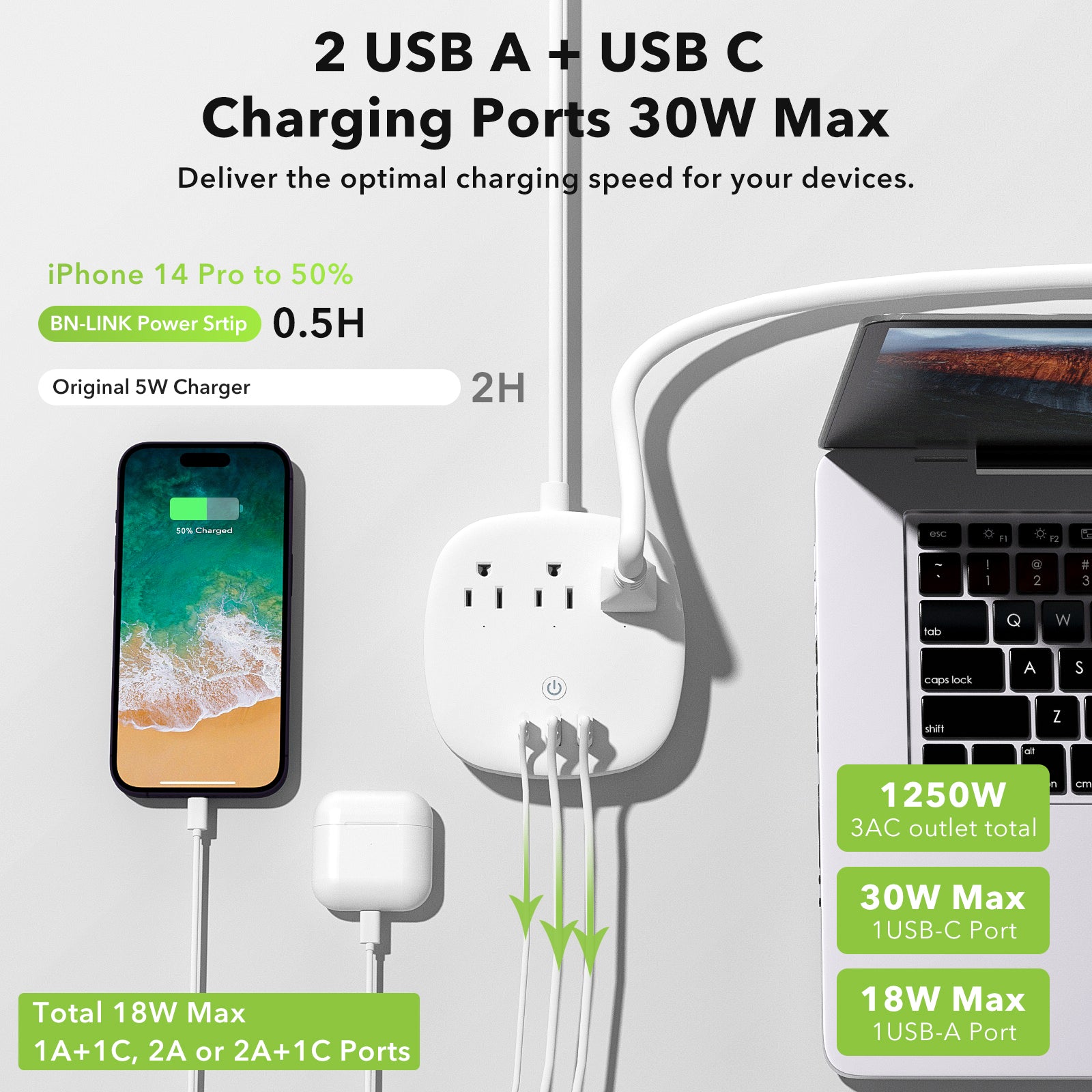 Power Strip with 3 Outlet & 3 USB - 6 FT Cord with Low Profile Flat Plug BN-LINK - BN-LINK