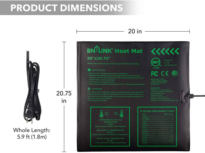 Seedling Heat Mat 20" x 20.75" with Heating Thermostat Outlet Controller BN-LINK - BN-LINK