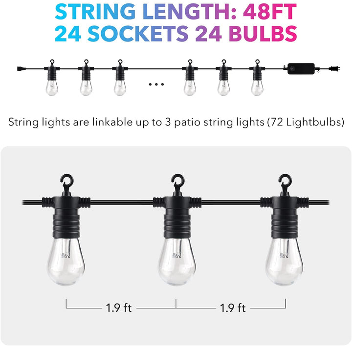 Smart Outdoor Patio Light String Light RGB Color & White -48ft, 24 Round Bulbs - BN-LINK