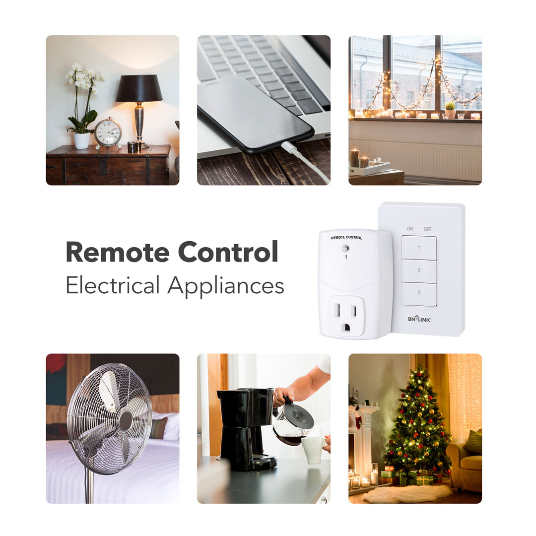 BN-LINK Wireless Remote Control Electrical Outlet Switch for Lights, Fans,  Christmas Lights, Small Appliance, Long Range White 10A/1200W, 1 Remote + 1