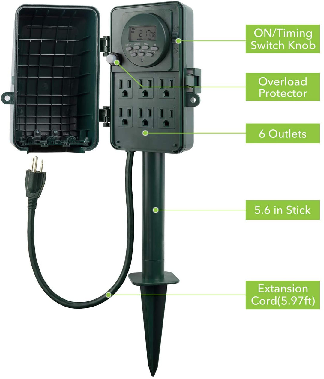 BN-LINK 7 Day Heavy Duty Outdoor Digital Stake Timer, 6 Outlets, Weatherproof, BNC-U3S, Perfect for Outdoor Lights, Sprinklers, Christmas Lights