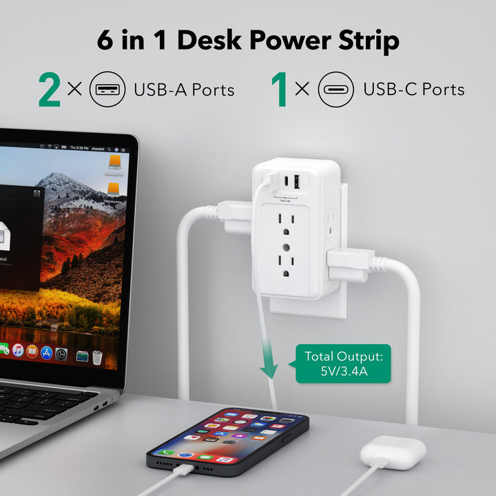 Multiple Plug Outlet Extender 6 Wall Outlets and 3 USB Ports BN-LINK - BN-LINK