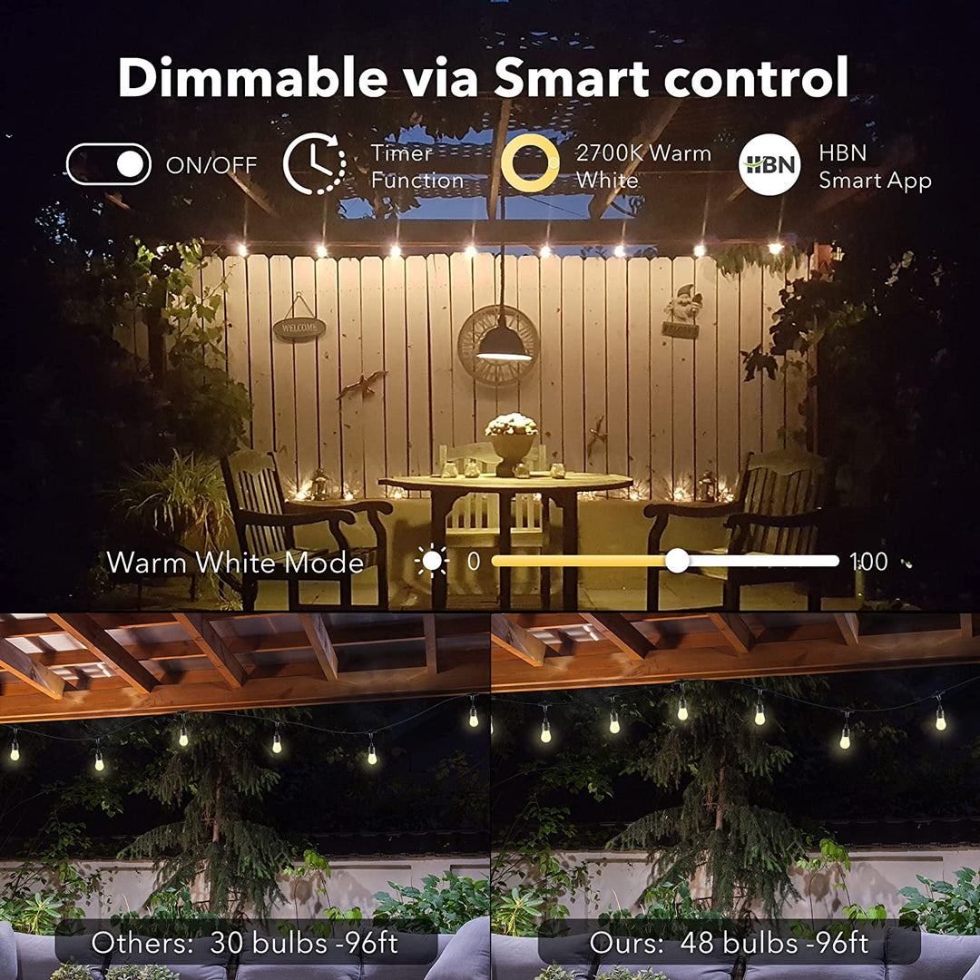 96ft Smart Outdoor String Lights 48 LED Bulbs Dimmable & Shatterproof BN-LINK - BN-LINK