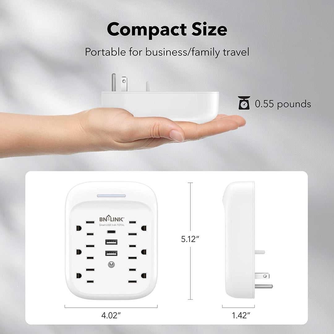 BN-LINK Multi Plug Outlet Extender W/ 2 USB A 1 USB C(5V,2.4A) Wall Plug  Adapter