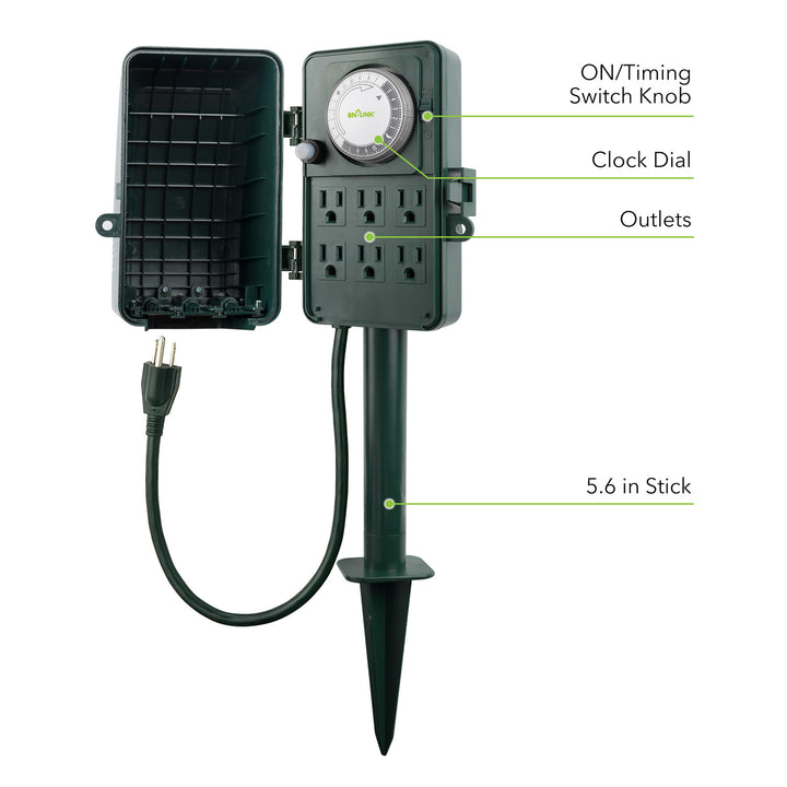 24 Hour Mechanical Outdoor Multi Socket Timer 6 Outlet Garden Power Stake BN-LINK - BN-LINK