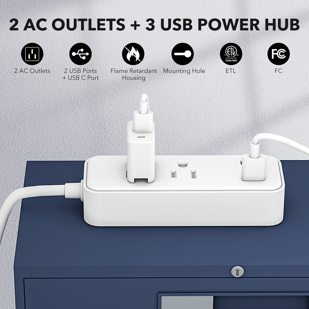 Flat Plug Power Strip with 2 AC Outlets 2 USB A and 1 USB C Ports(5V,2.4A) BN-LINK - BN-LINK