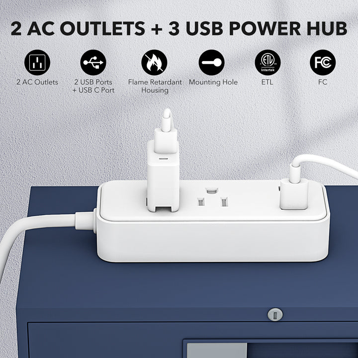 Flat Plug Power Strip with 2 AC Outlets 2 USB A and 1 USB C Ports(5V,2.4A) BN-LINK - BN-LINK