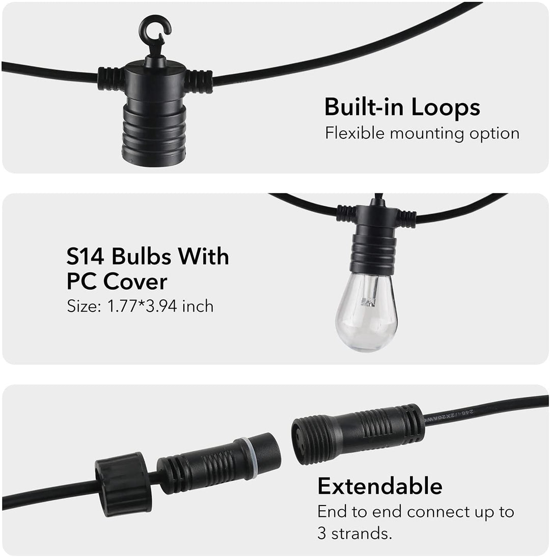 Smart Outdoor Patio Light String Light RGB Color & White -48ft, 24 Round Bulbs - BN-LINK