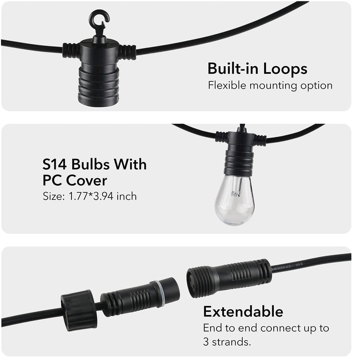 Smart Outdoor Patio Light String Light RGB Color & White -48ft, 24 Round Bulbs - BN-LINK