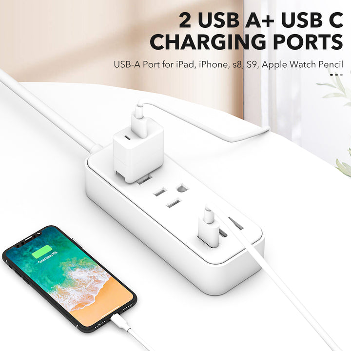 Flat Plug Power Strip with 2 AC Outlets 2 USB A and 1 USB C Ports(5V,2.4A) BN-LINK - BN-LINK
