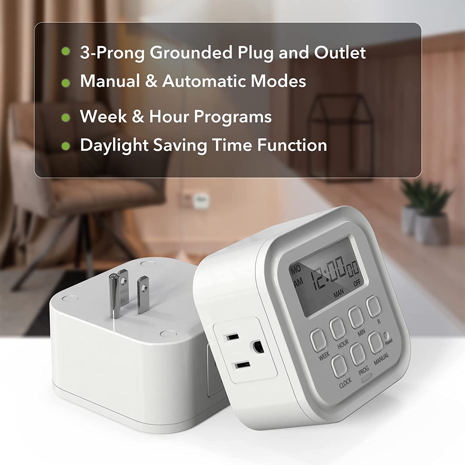 7 Day Heavy Duty Digital Timer, Dual Outlet, On/Off Programs 3-Prong P ...