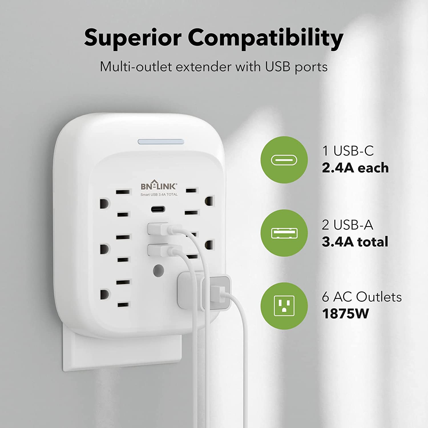 Outlet Extender Multi Plug with 3 USB Wall Charger 6 Outlet Surge Protector BN-LINK - BN-LINK