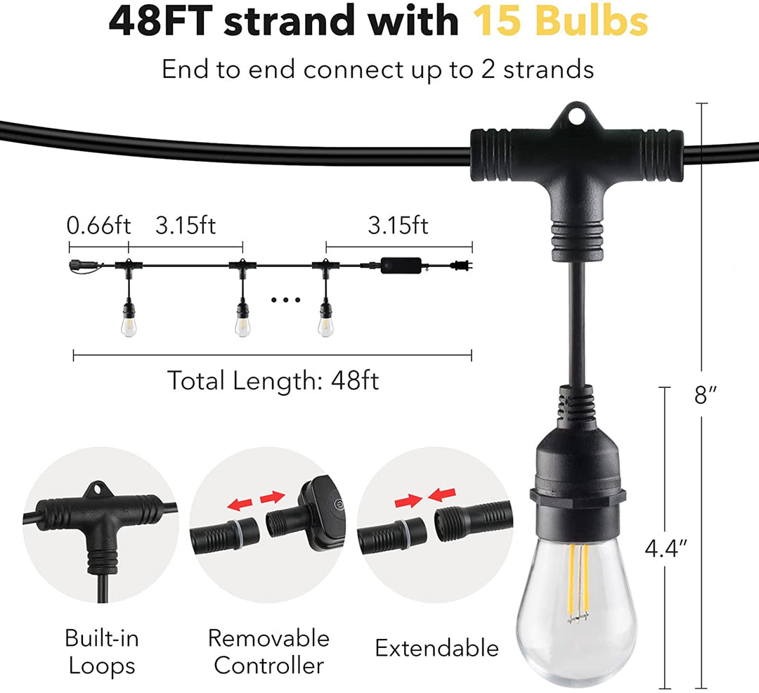 48ft Smart Wifi Outdoor String Lights-15 LED Bulbs Dimmable & Shatterproof BN-LINK - BN-LINK