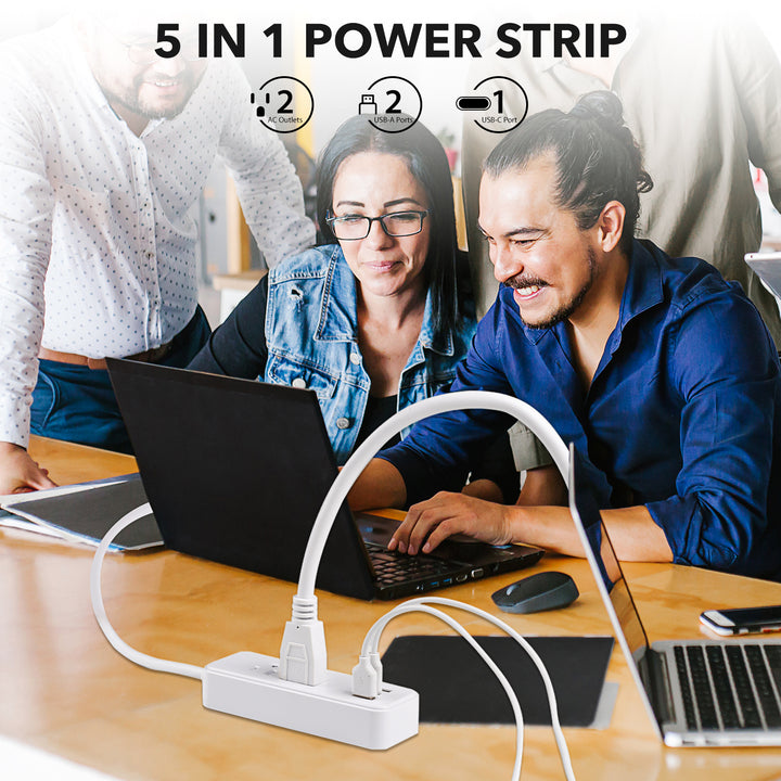 Flat Plug Power Strip with 2 AC Outlets 2 USB A and 1 USB C Ports(5V,2.4A) BN-LINK - BN-LINK