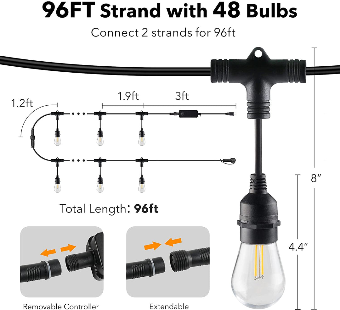 96ft Smart Outdoor String Lights 48 LED Bulbs Dimmable & Shatterproof BN-LINK - BN-LINK