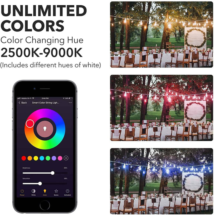Smart Outdoor Patio Light RGB Color & White LED Lights -24ft, 12 Round Bulbs HBN - BN-LINK