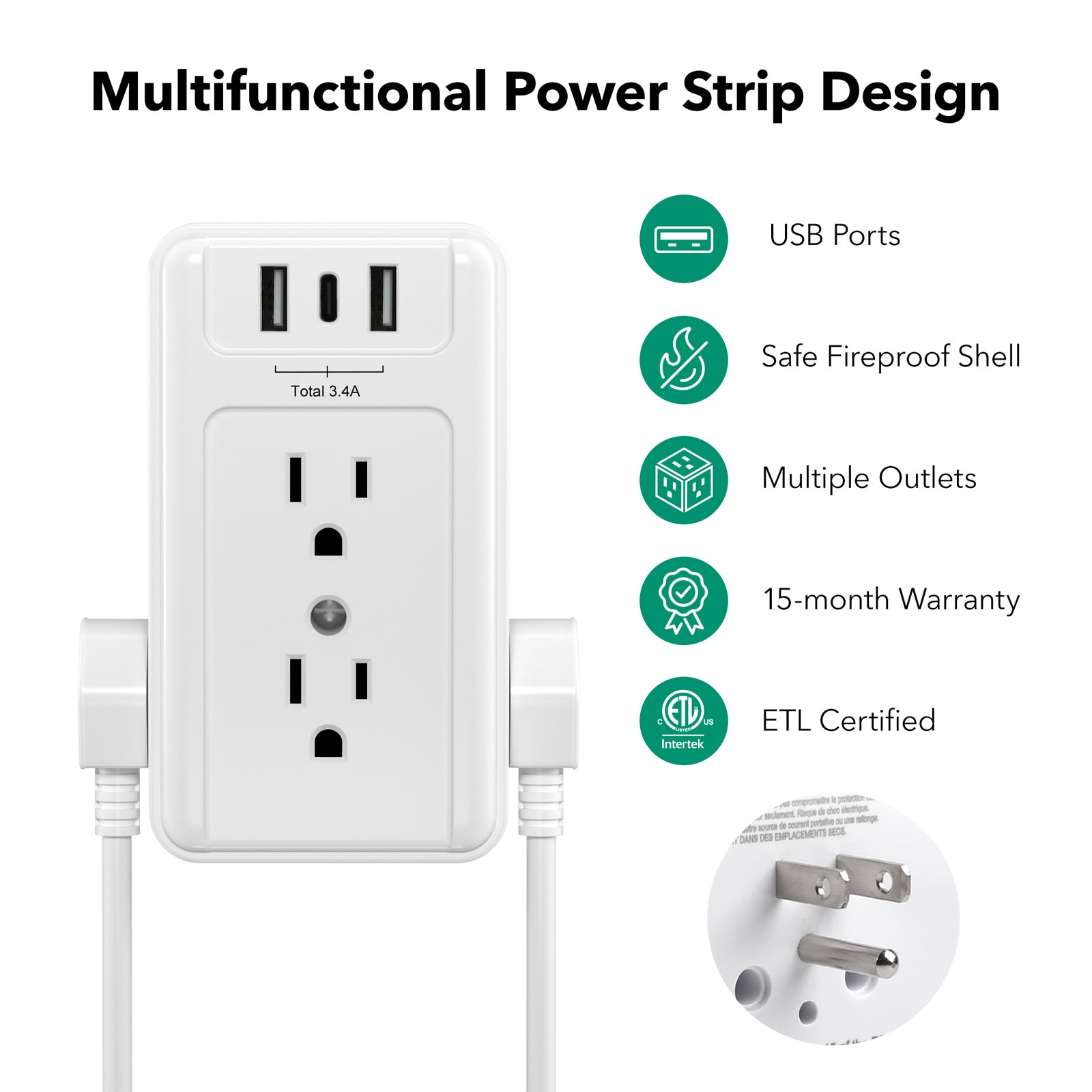 Multiple Plug Outlet Extender 6 Wall Outlets and 3 USB Ports BN-LINK - BN-LINK