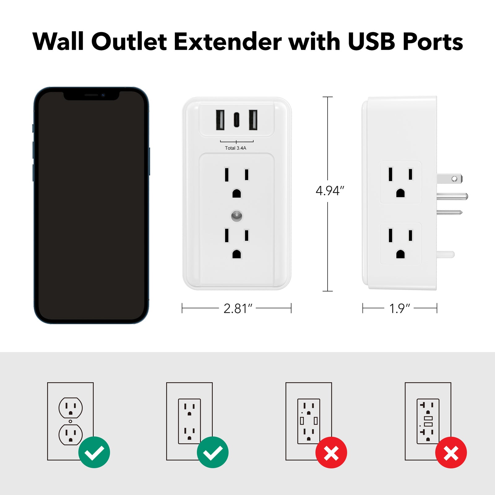 Multiple Plug Outlet Extender 6 Wall Outlets and 3 USB Ports BN-LINK - BN-LINK