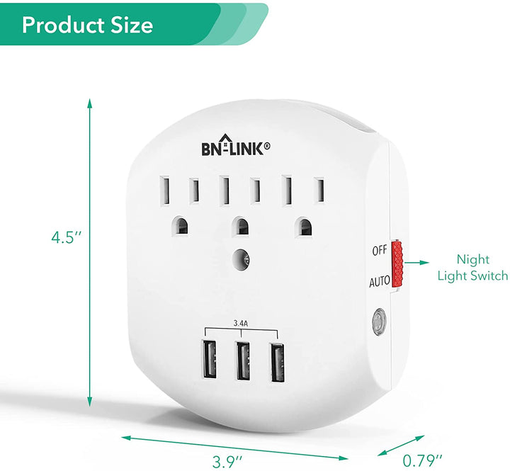 Multi Plug USB Wall Outlet Surge Protector with 3 Outlets, 3 USB Charging Ports BN-LINK - BN-LINK