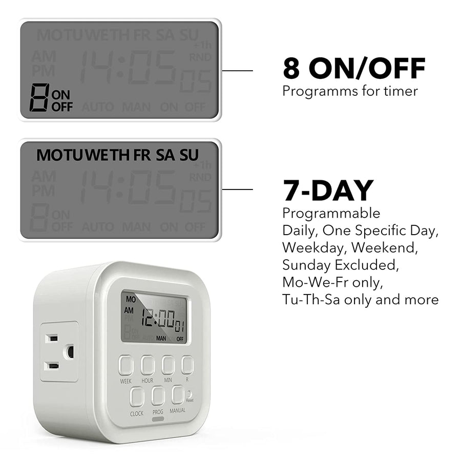 7 Day Heavy Duty Digital Timer, Dual Outlet, On/Off Programs 3-Prong P