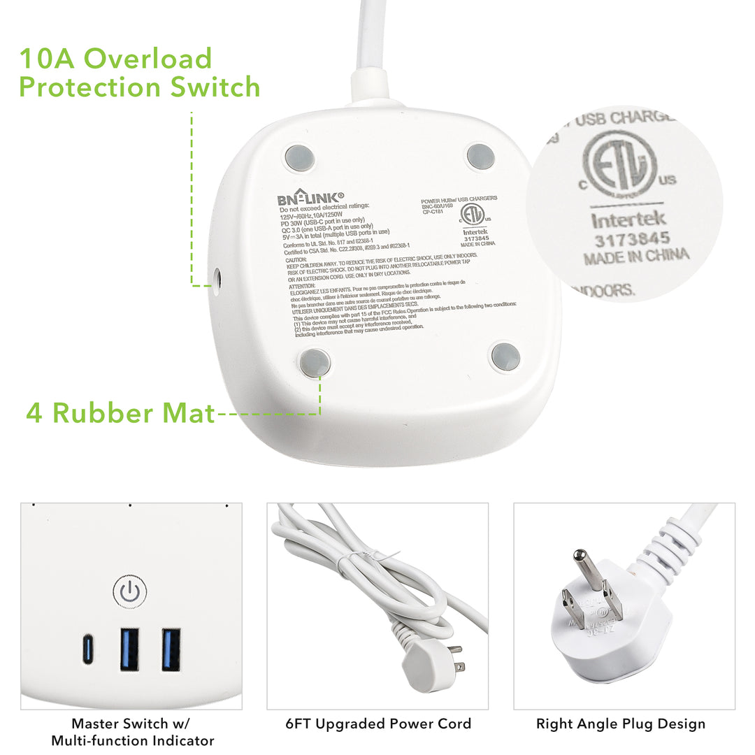 Power Strip with 3 Outlet & 3 USB - 6 FT Cord with Low Profile