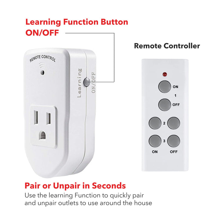 Wireless Remote Control Outlet (Learning Code, 3Rx-1Tx) 1200W/10A BN-LINK - BN-LINK