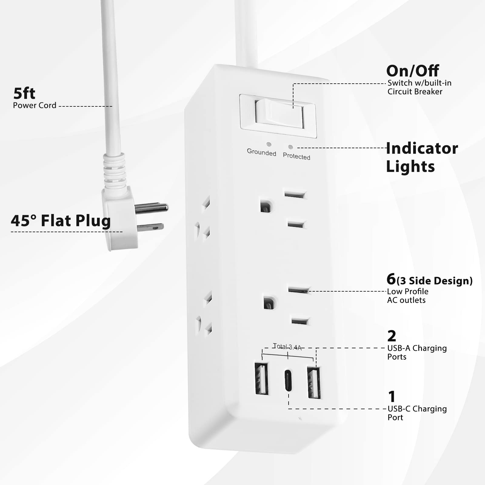 Surge Protector Power Strip with 6 Outlets 2 USB-A 1 USB-C 3-Side Outlet BN-LINK - BN-LINK