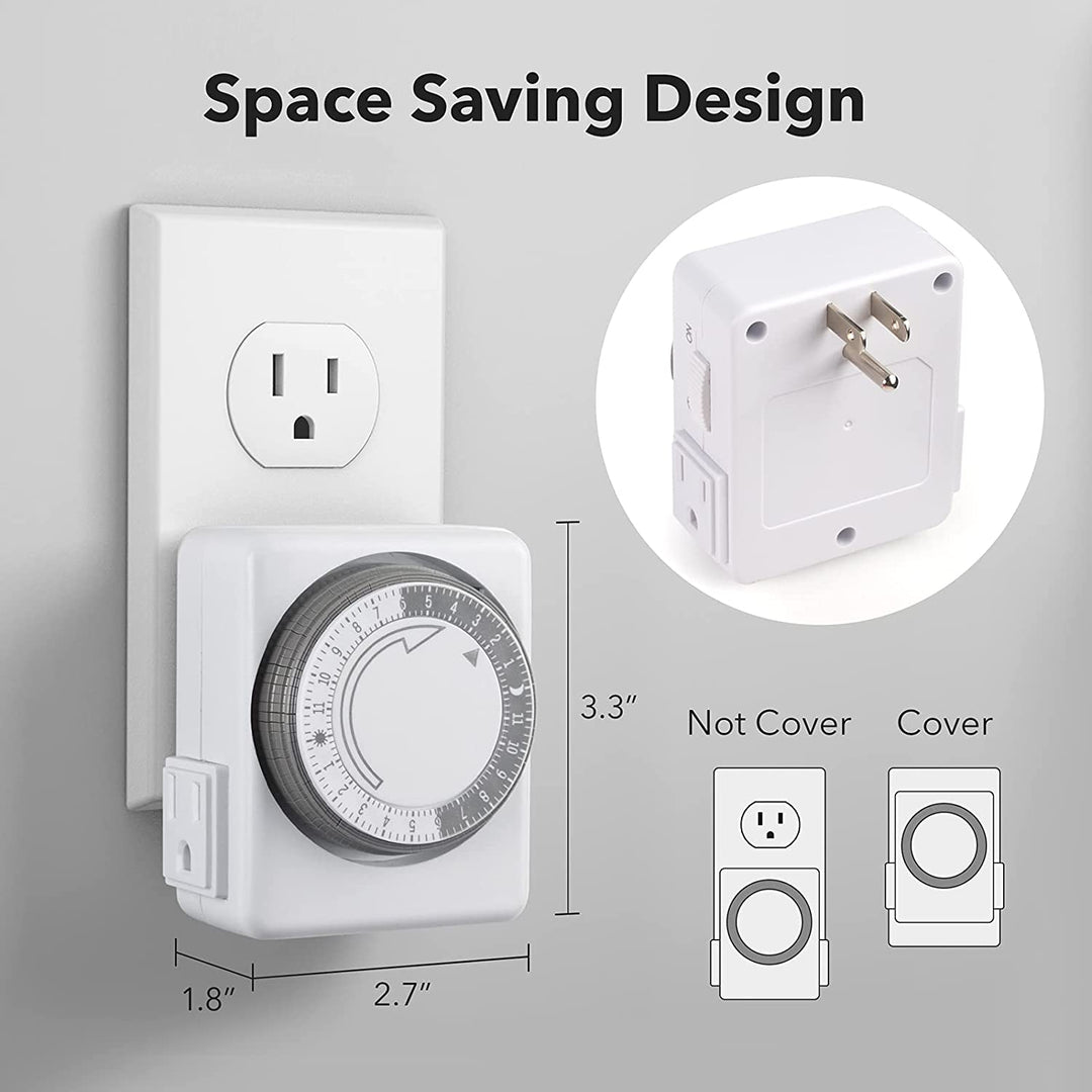 HBN Indoor Timer-24 Hour Plug-In Mechanical Indoor Mini Timer with 2 Outlets, 3 Prong, 2-Pack, White