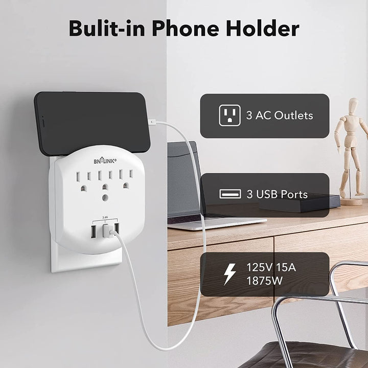 Multi Plug USB Wall Outlet Surge Protector with 3 Outlets, 3 USB Charging Ports BN-LINK - BN-LINK