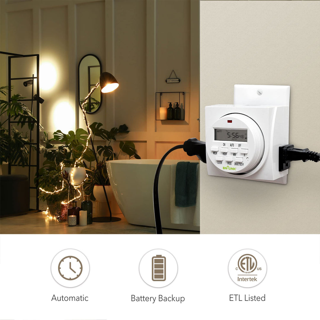 BN-LINK Digital Timer Outlet, 7 Day Heavy Duty Programmable Timer, On/Off Programs 3-Prong Grounded, Indoor, for Lamp, Light, Fan, Pets, Home, Kitchen