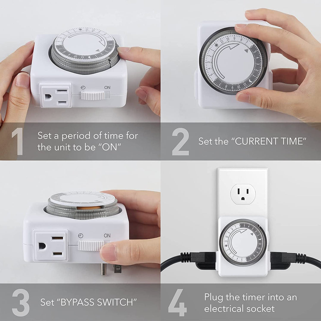 HBN Indoor Timer-24 Hour Plug-In Mechanical Indoor Mini Timer with 2 Outlets, 3 Prong, 2-Pack, White