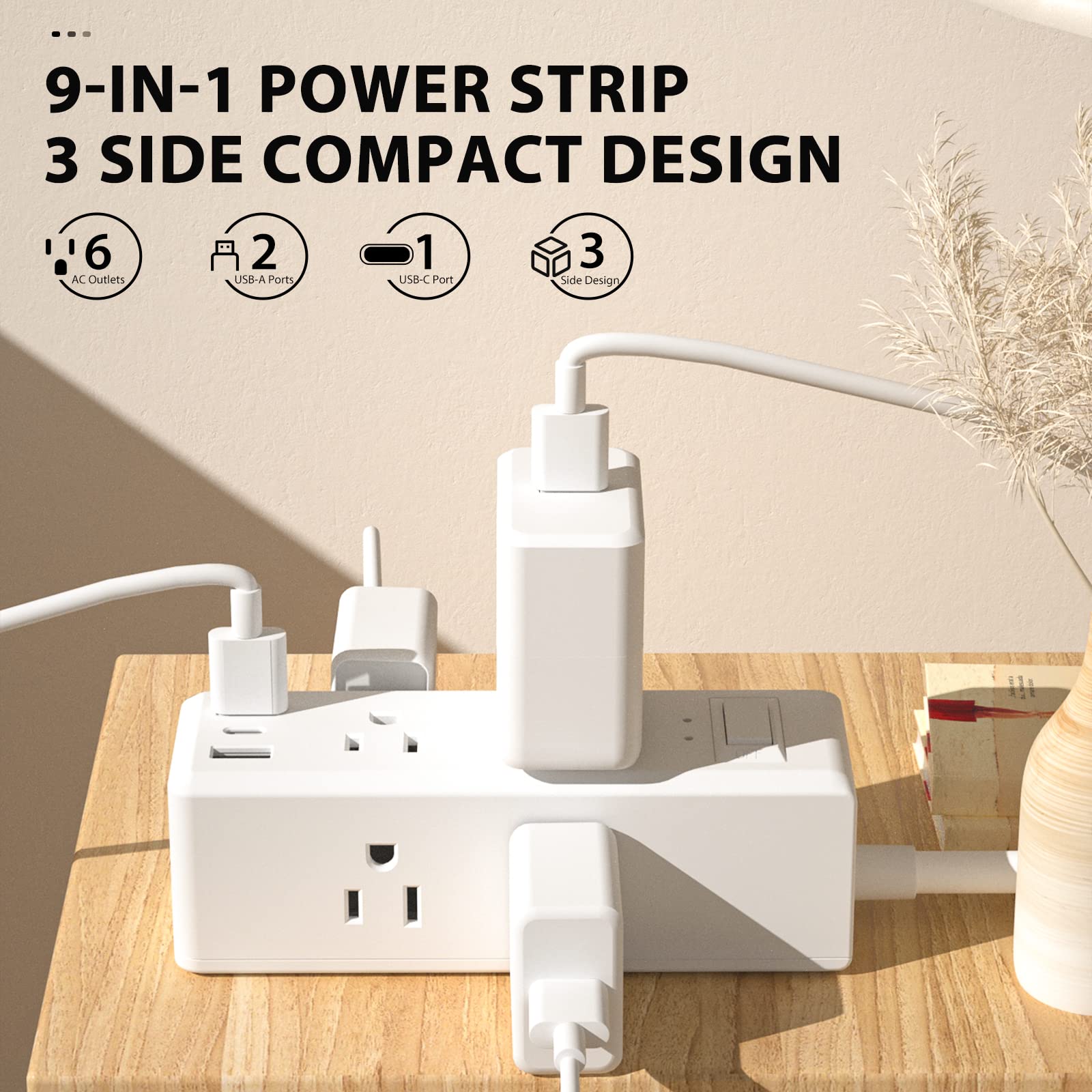 Surge Protector Power Strip with 6 Outlets 2 USB-A 1 USB-C 3-Side Outlet BN-LINK - BN-LINK