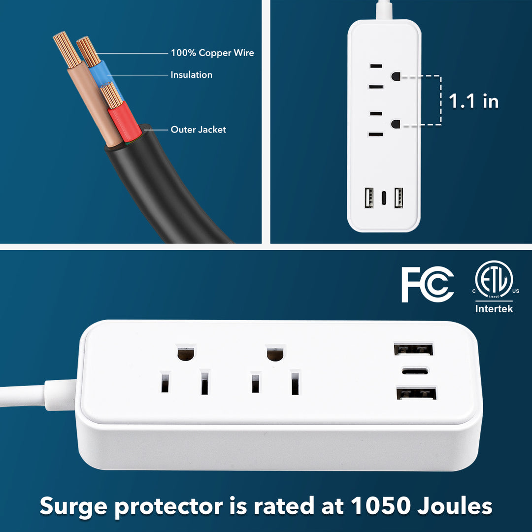 Flat Plug Power Strip with 2 AC Outlets 2 USB A and 1 USB C Ports(5V,2.4A) BN-LINK - BN-LINK