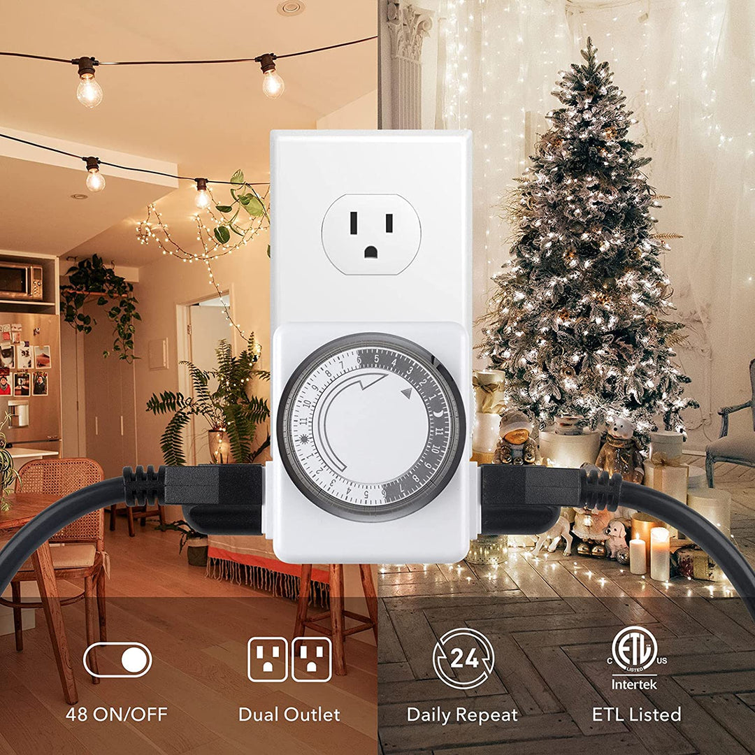 HBN Indoor Timer-24 Hour Plug-In Mechanical Indoor Mini Timer with 2 Outlets, 3 Prong, 2-Pack, White