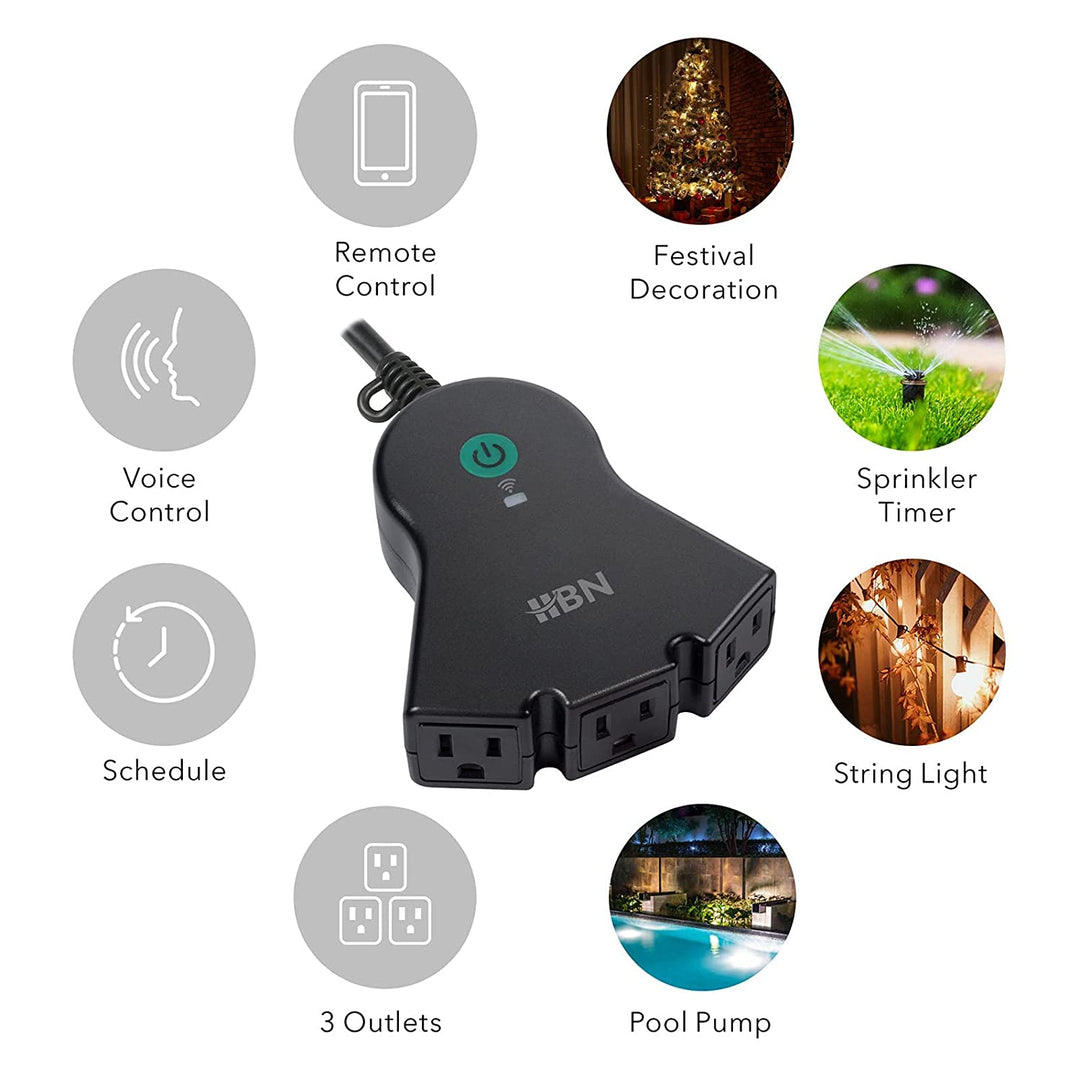 HBN Outdoor Smart Plug,Wi-Fi Heavy Duty Outlet with 3 Independent Outlets,Compatible with Alexa and Google Assistant,IP44 Waterproof,Voice & Remote