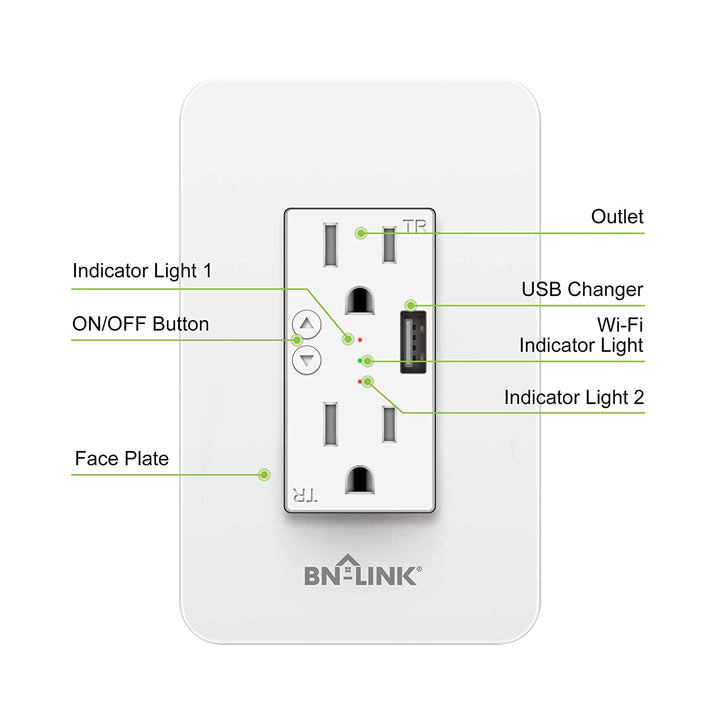 Electrical Outlet In-Wall Smart WiFi Outlet with High Speed 2.1A USB Port - BN-LINK